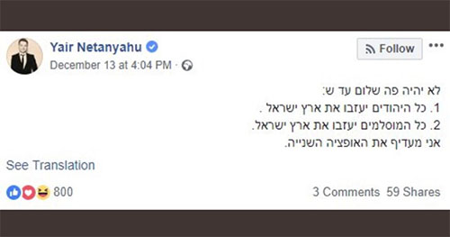Yair Netanyahu propone que todos los musulmanes abandonen Palestina Insólita propuesta de un hijo de Netanyahu para lograr paz